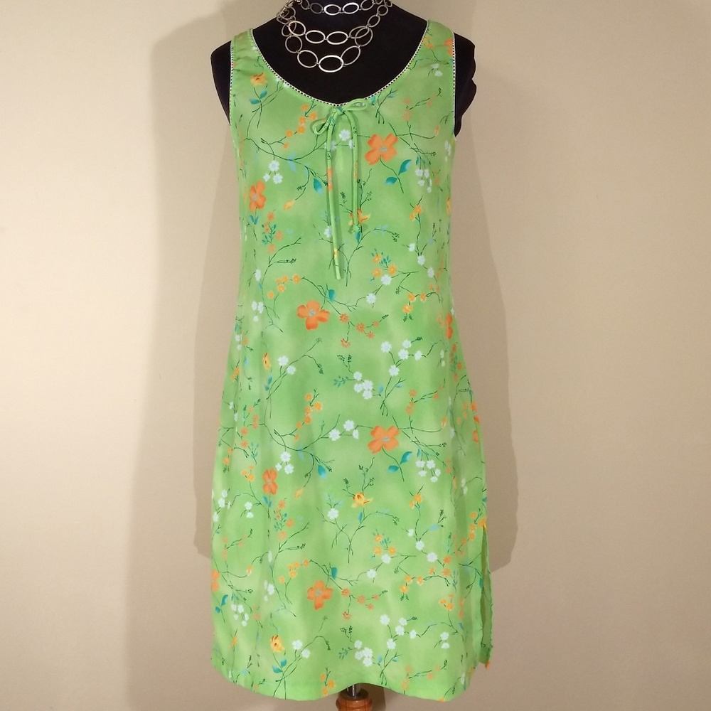 Lime/Chartreuse, Orange & White Floral Dress
